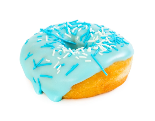 Donut with blue glaze and sprinkles white and blue color isolated on white background