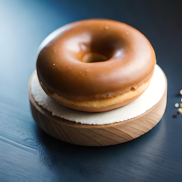 A donut with a chocolate frosting on top sits on a wooden table.