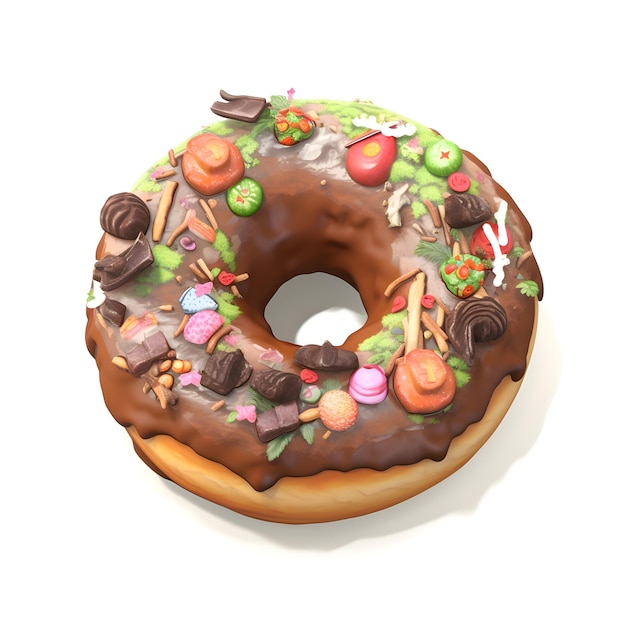 흰색 배경에 초콜릿 글레이즈와 스프링클이 있는 도넛
