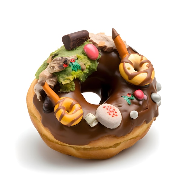 donut with chocolate and ice cream isolated on a white background