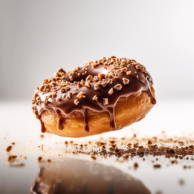 A donut with chocolate icing and nuts on it