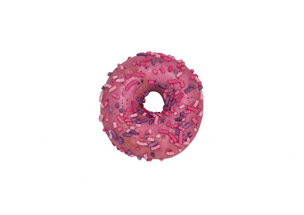 Donut with colorful sprinkles isolated on white background Top view