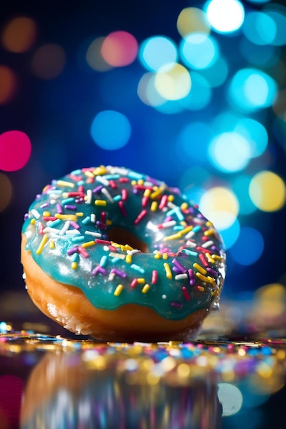 a donut with colorful sprinkles sits on a table.