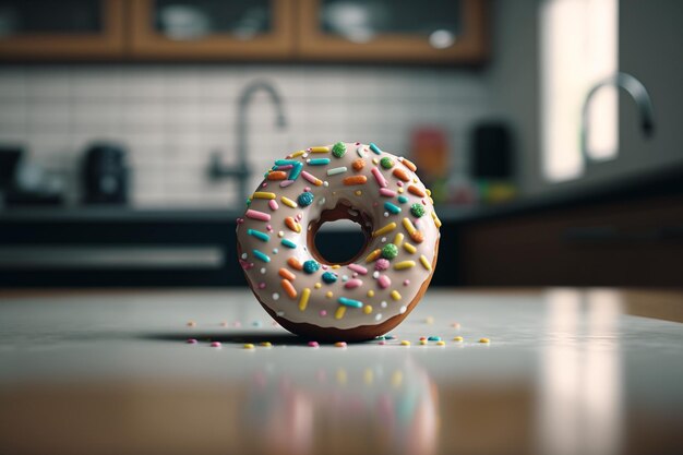 A donut with frosting on a table Illustration of a sweet dessert