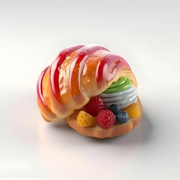 Donut with fruit and cream on a white background 3d rendering