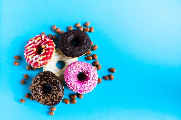 Donut with hazelnuts on blue background, close up