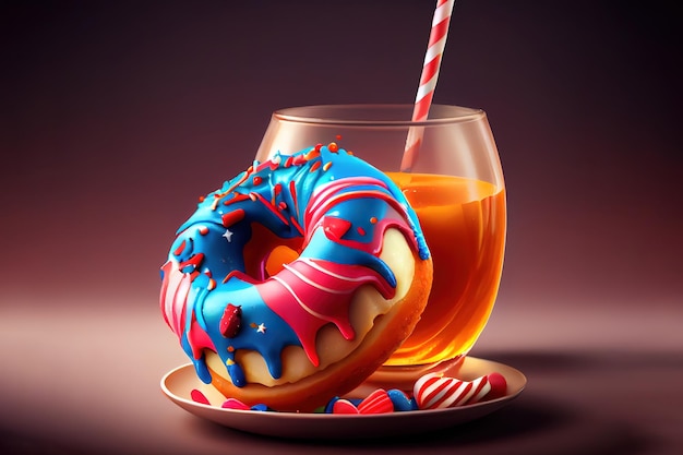 Photo donut with juice and candies on independence day generative ai