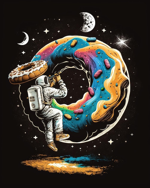 A donut with a man hanging on it and the moon is full of colorful candies.