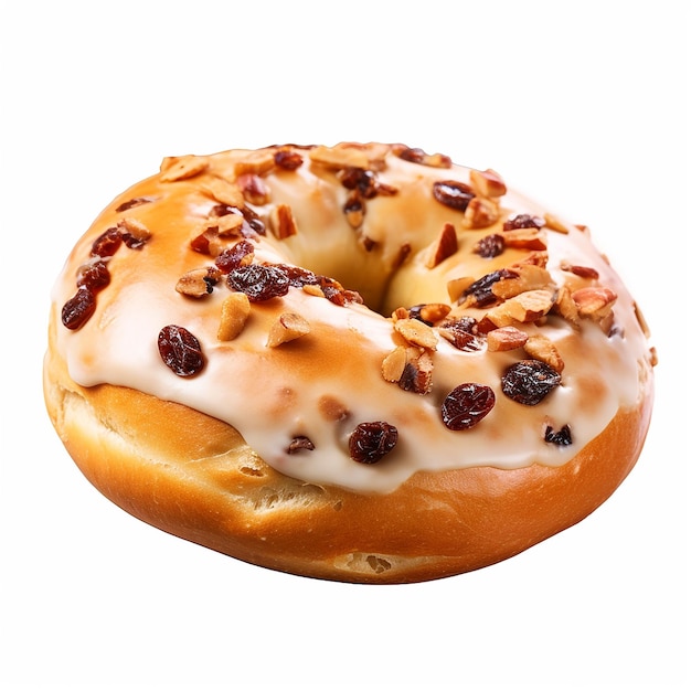 a donut with nuts on it sits on a table