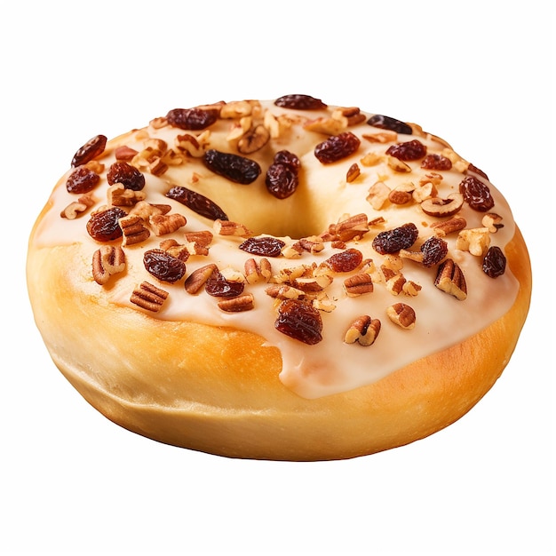 a donut with nuts on it sits on a table