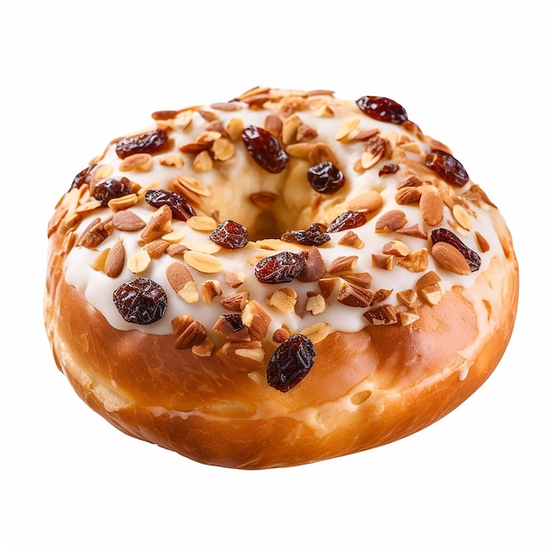 a donut with nuts on it sits on a table