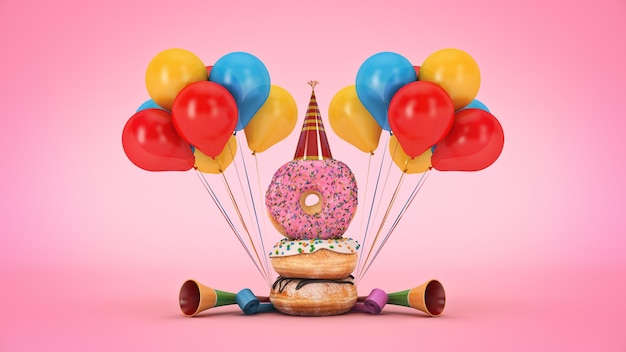 Donut with party hat. 3d rendering