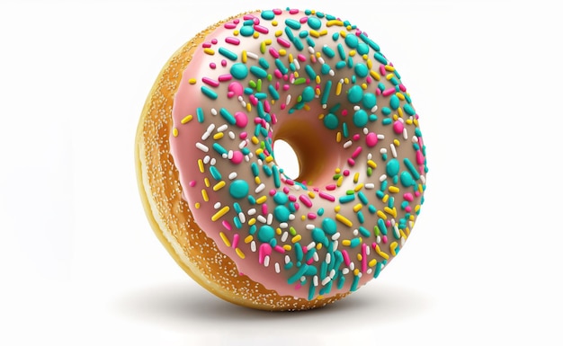 A donut with pink, blue, and yellow sprinkles on it.