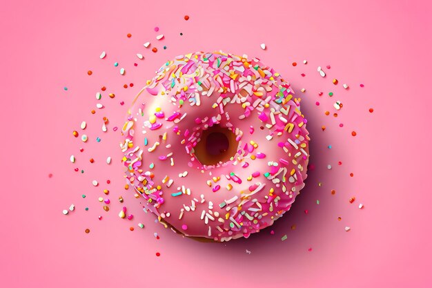 Donut with pink icing on a pink background top view Junk food Sweets pastries Generative Ai