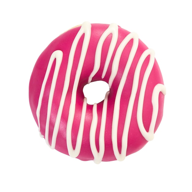 Donut with pink icing and white stripes isolated on white background Top view