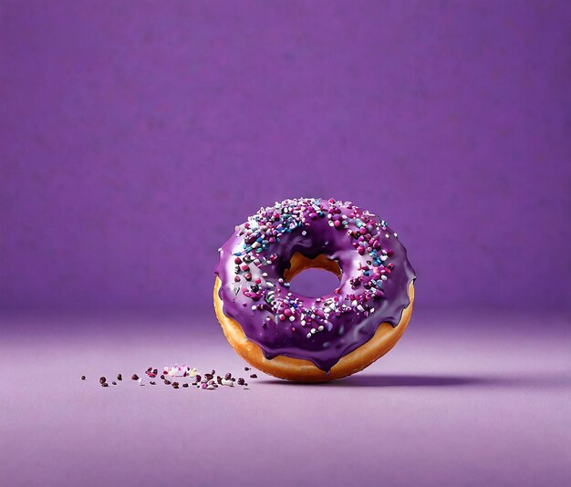 Photo a donut with purple sprinkles and sprinkles on a purple background