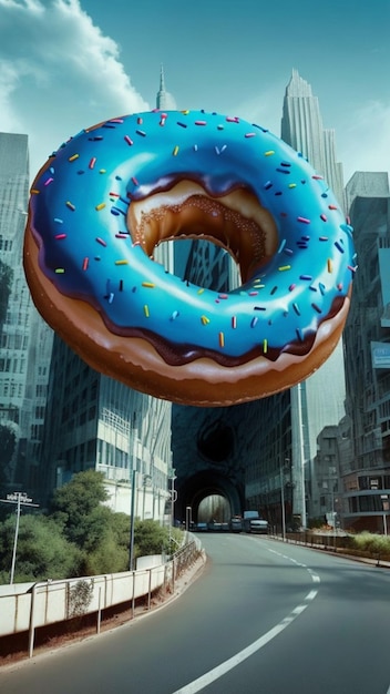 a donut with sprinkles and sprinkles is in front of a building.