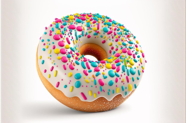 A donut with white frosting and colorful sprinkles on it.