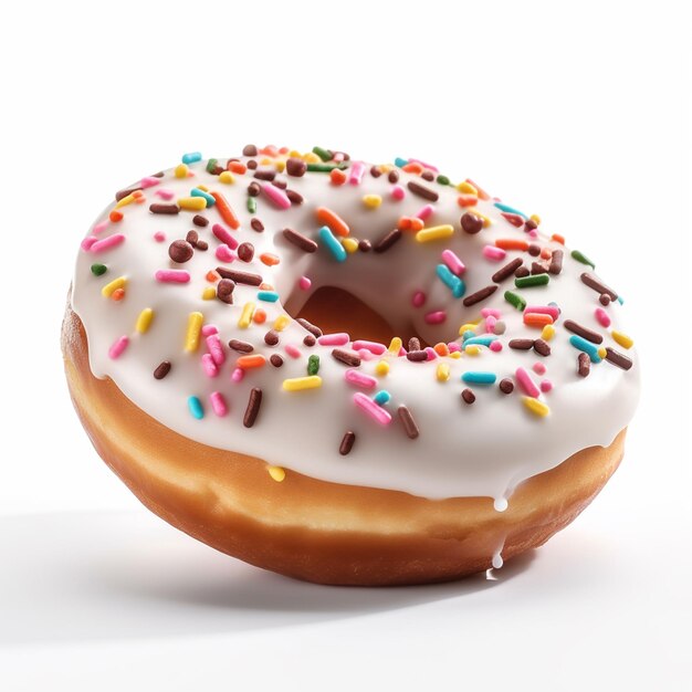 A donut with white frosting and sprinkles on it