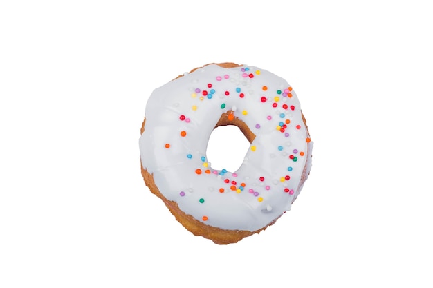 Donut with white glaze isolated on white background