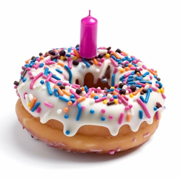 Photo a donut with white icing and a candle on it