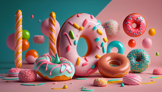 Donuts 3D style Donuts composition vibrant colors and shapes Abstract isolated background scene