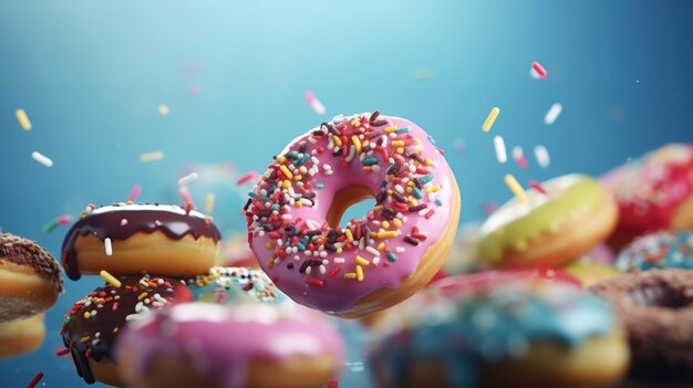 Donuts in the air covered in sprinkles and topped with pink frosting Generative AI