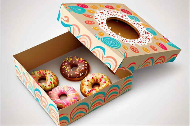 Donuts in a box Colorful glazed doughnut in an opened carton box Generative Ai