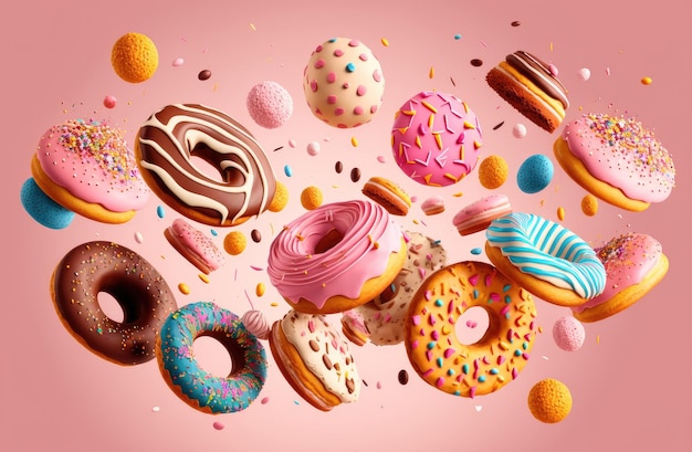 Donuts, cupcakes, cookies, and macarons fly on pink background 3D illustration