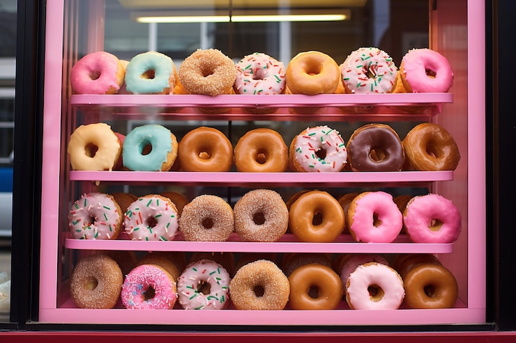 Photo donuts displayed in a bakery window with enticing signage