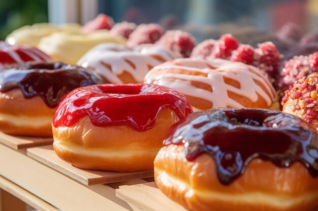 Donuts displayed at a food festival or fair