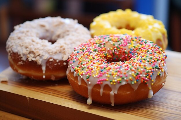 Donuts displayed at a food festival or fair