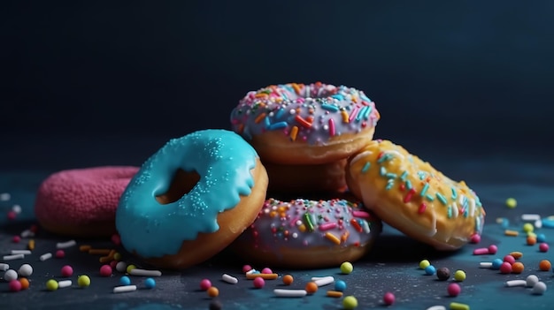 Donuts donuts van verschillende kleuren op een blauwe achtergrond Generatieve Ai