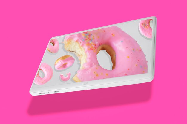 파스텔 핑크 배경에 흰색 정제의 프레임에 도넛