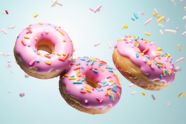 donuts in de lucht op roze achtergrond AI gegenereerde afbeelding