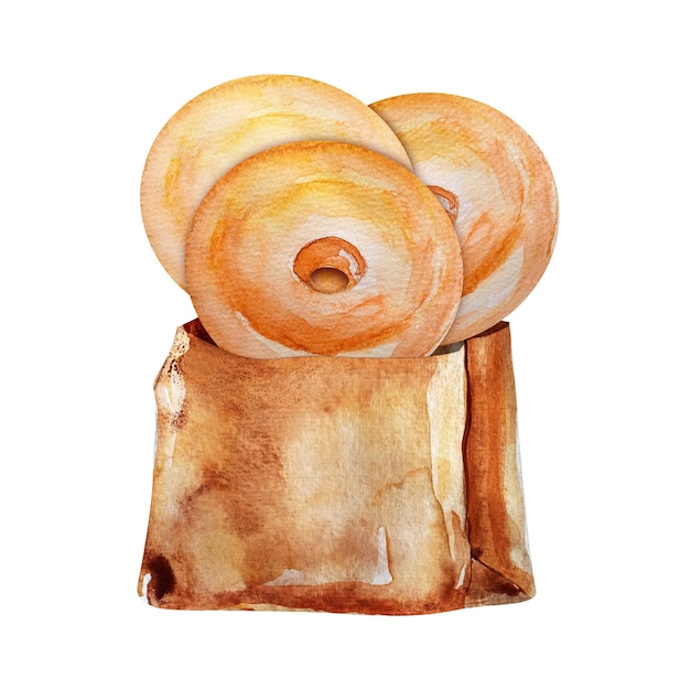 Donuts in een aquarel illustratie van een papieren zak