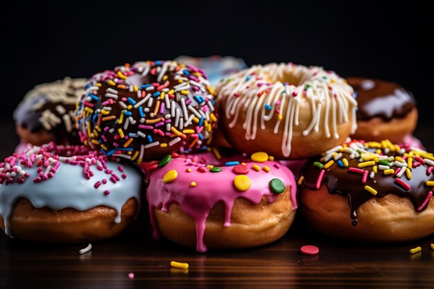 Donuts met verschillende smaken en strooitjes op een donkere achtergrond