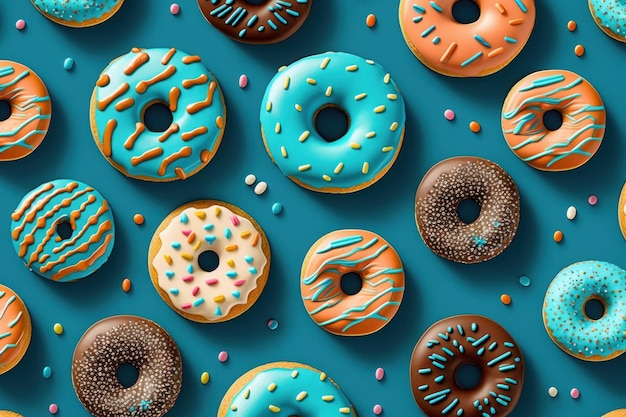 Donuts op de blauwe kleur Mooi illustratiebeeld Generatieve AI