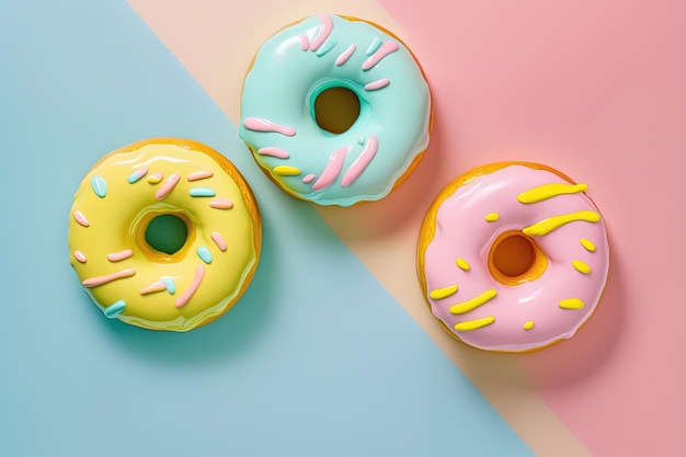 Donuts op kleurrijke achtergrond Bovenaanzicht flatlay