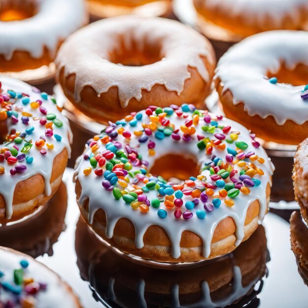 Donuts-patroon Bovenbeeld van verschillende geglazuurde donuts Kleurige donuts met glas als achtergrond