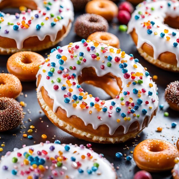 Donuts-patroon Bovenbeeld van verschillende geglazuurde donuts Kleurige donuts met glas als achtergrond