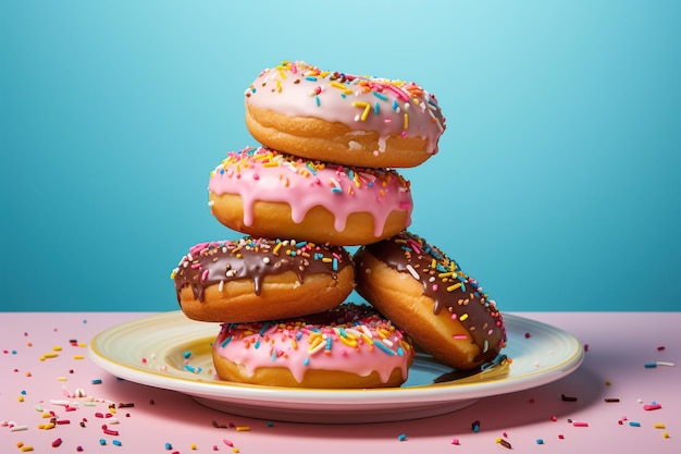 Donuts on a plate on a blue background 3d rendering