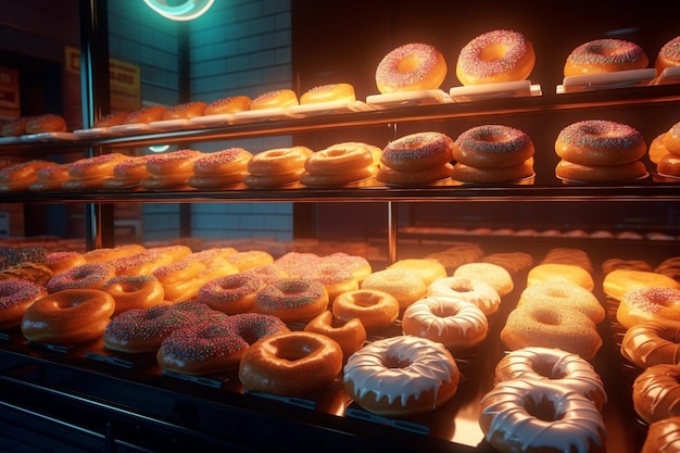 Пончики и кольца Горячая выпечка лежит на полке в кафе Булочки и кексы в Генеративном ИИ