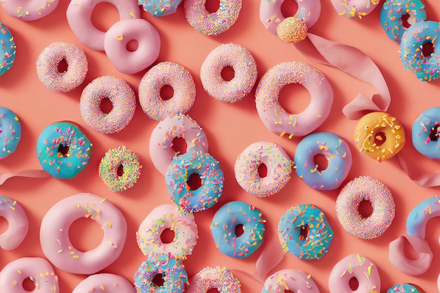 Donuts in rows of colors and tasty flavors. creative background of sweets and candies, colorful and delicious desserts