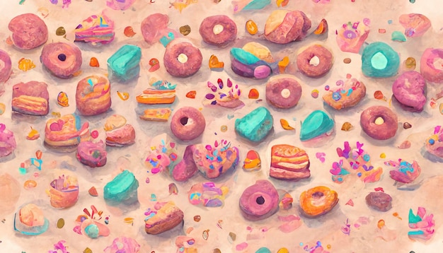 Donuts in rows of colors and tasty flavors. creative background of sweets and candies, colorful and delicious desserts