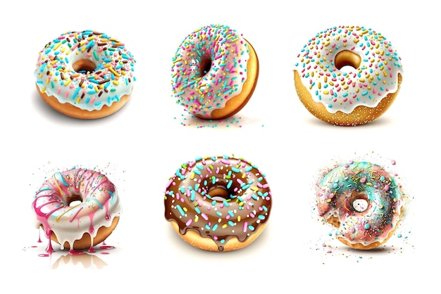 Donuts with different Icing and Colorful Sprinkles on white background Generative Ai