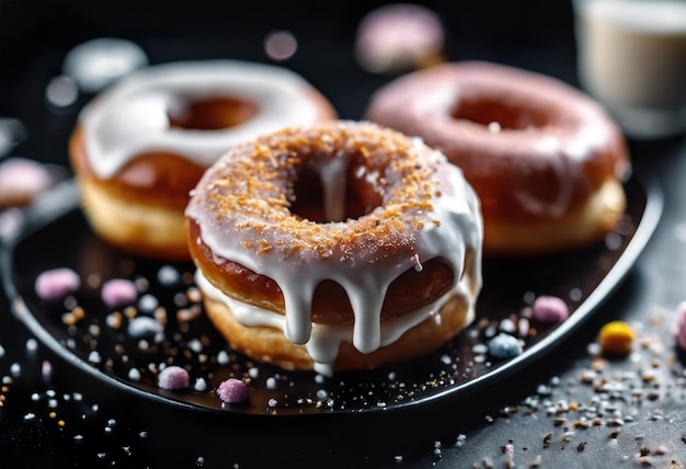 Foto donut con glassa su sfondo nero