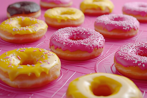 Donuts with icing on pastel pink background Sweet donuts