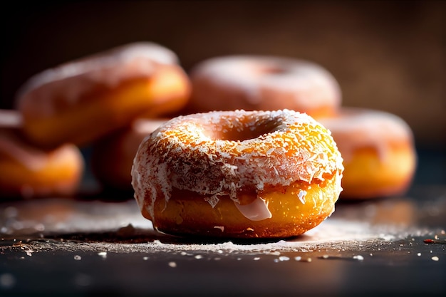 Donuts with icing sugar on a black background tinting selective focus Generative AI