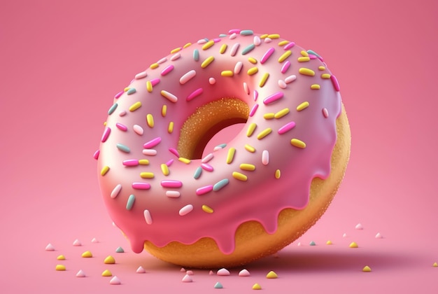 Donuts with pink icing and colorful sprinkles of sugar On a pink background generative ai